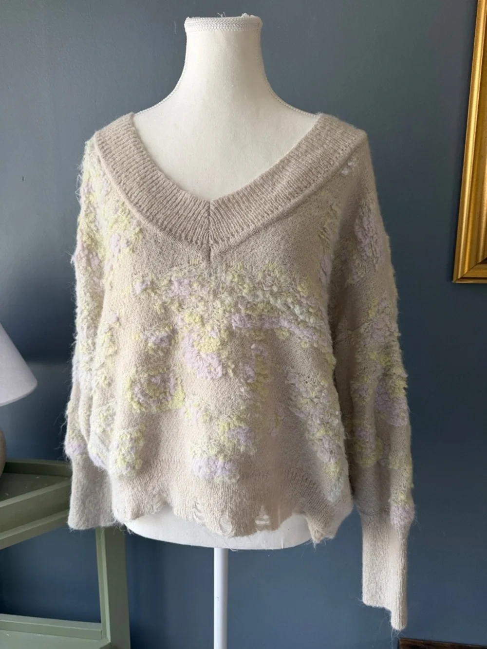 Anthropologie Beige V-Neck Sweater with Pastel Floral Accents - Picture 1 of 5